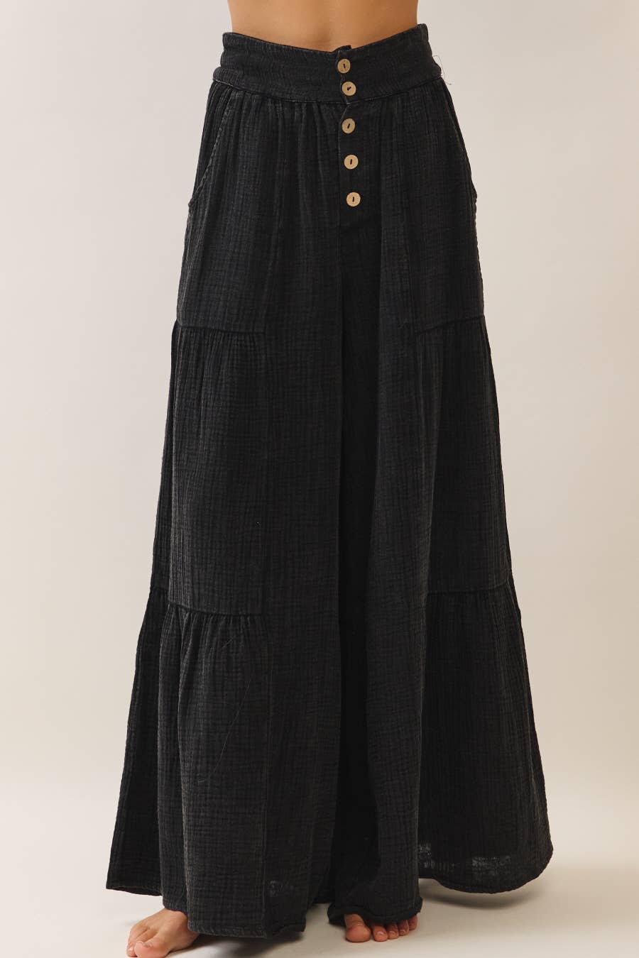 Tiered Wide leg Acid Washed Cotton Gauze Pants