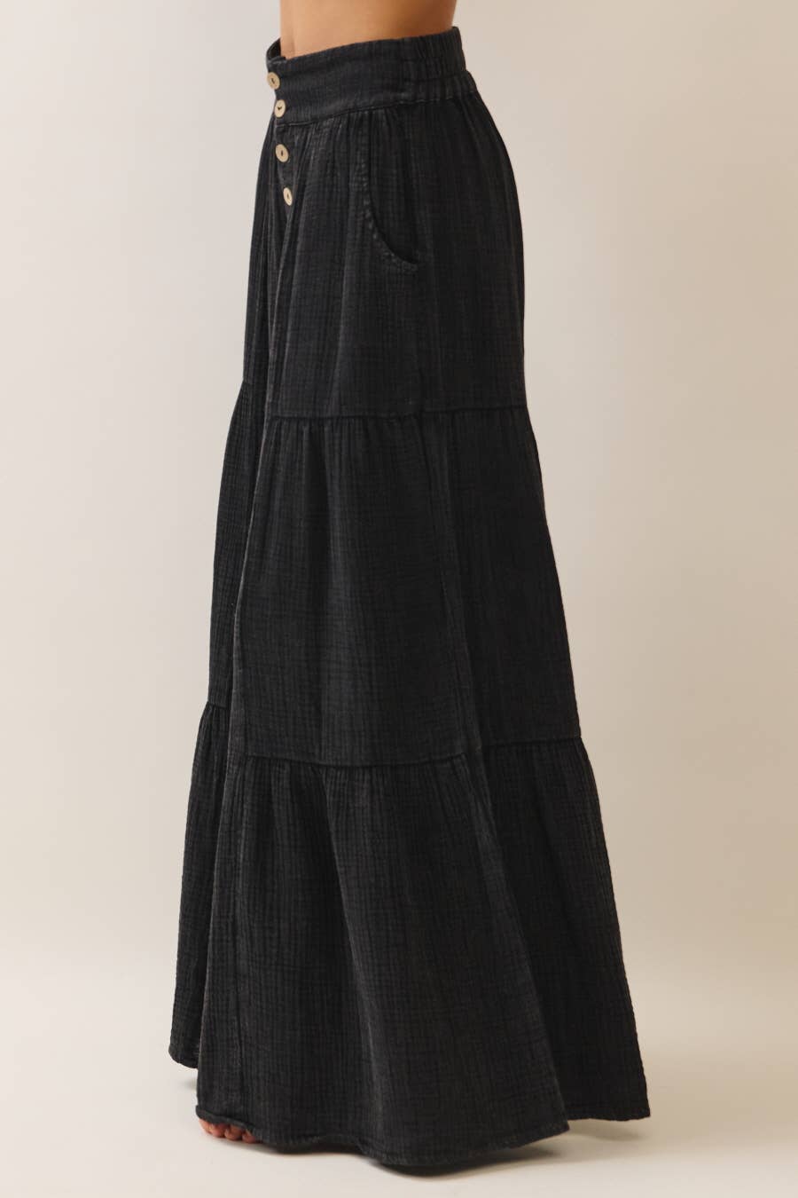 Tiered Wide leg Acid Washed Cotton Gauze Pants