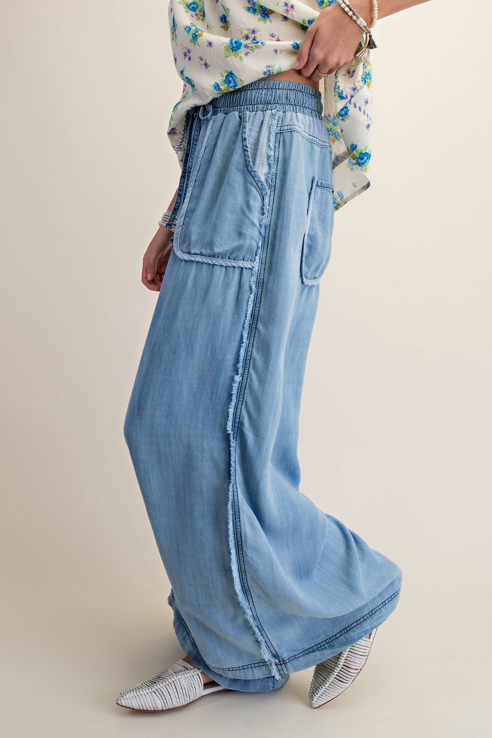 Washed Chambray Palazzo Pants