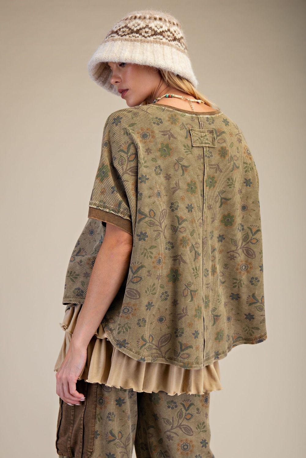 Signature Printed Washed Waffle Top (Olive)