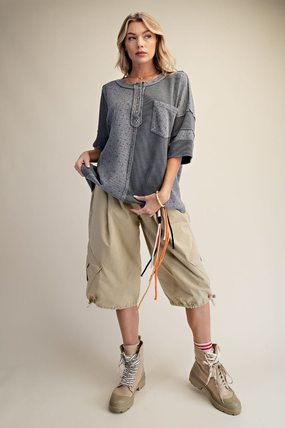 Printed Thermal Mix Washed Henley Top (Ash)
