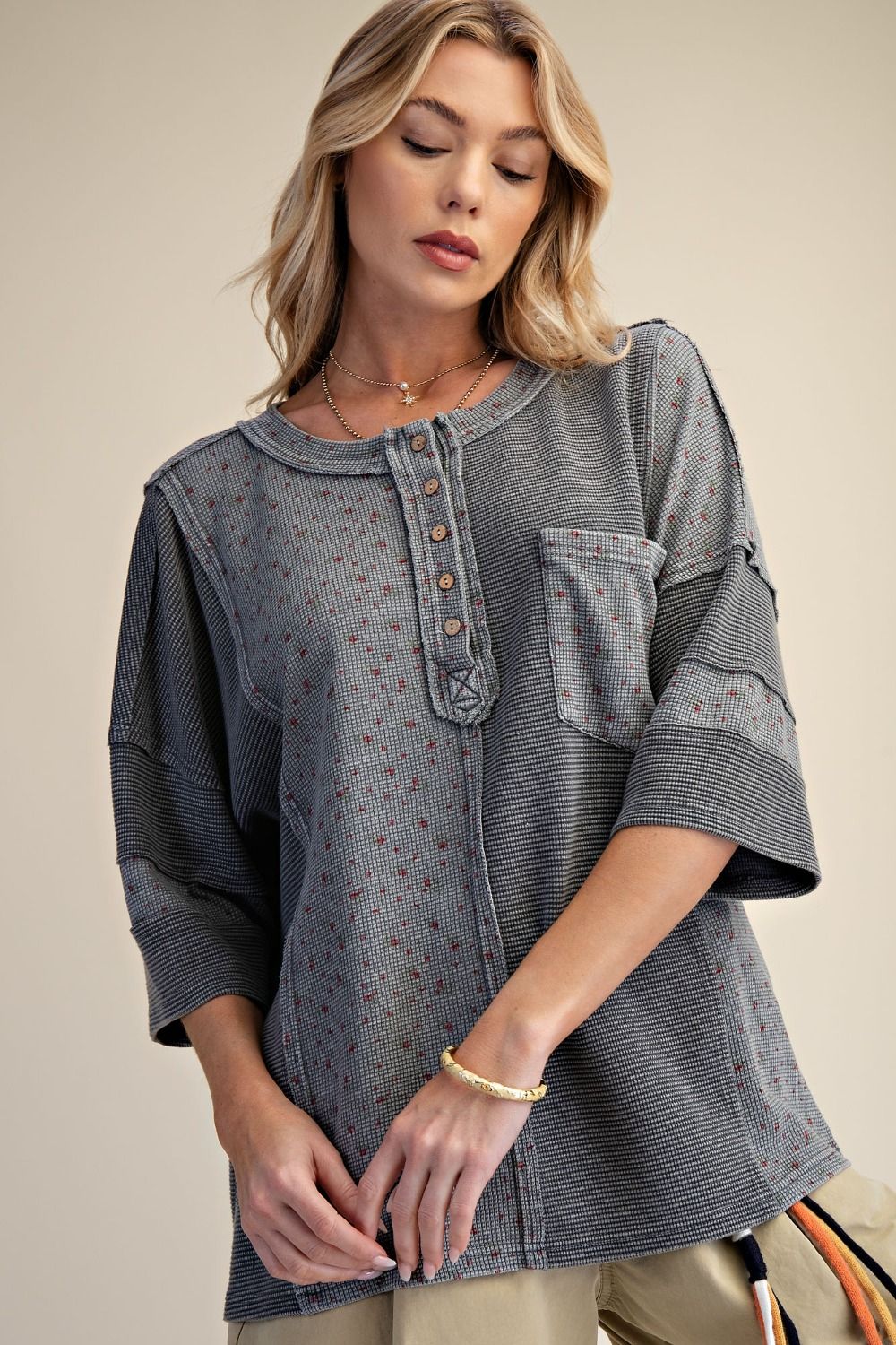 Printed Thermal Mix Washed Henley Top (Ash)
